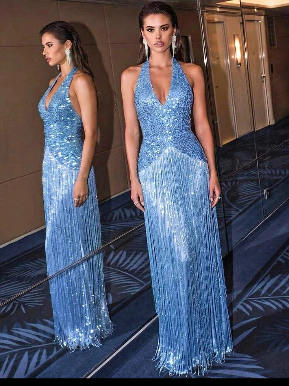 Baby Blue Sequin Fringe Maxi Gala Dress NWOT